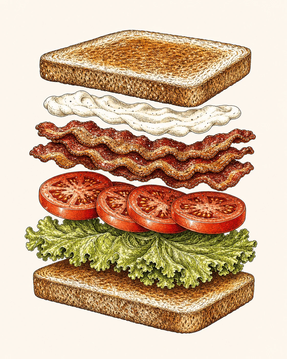 Illustrated layer-by-layer sandwich diagram showing bread, sauce, vegetables, main filling, and finishing layers.