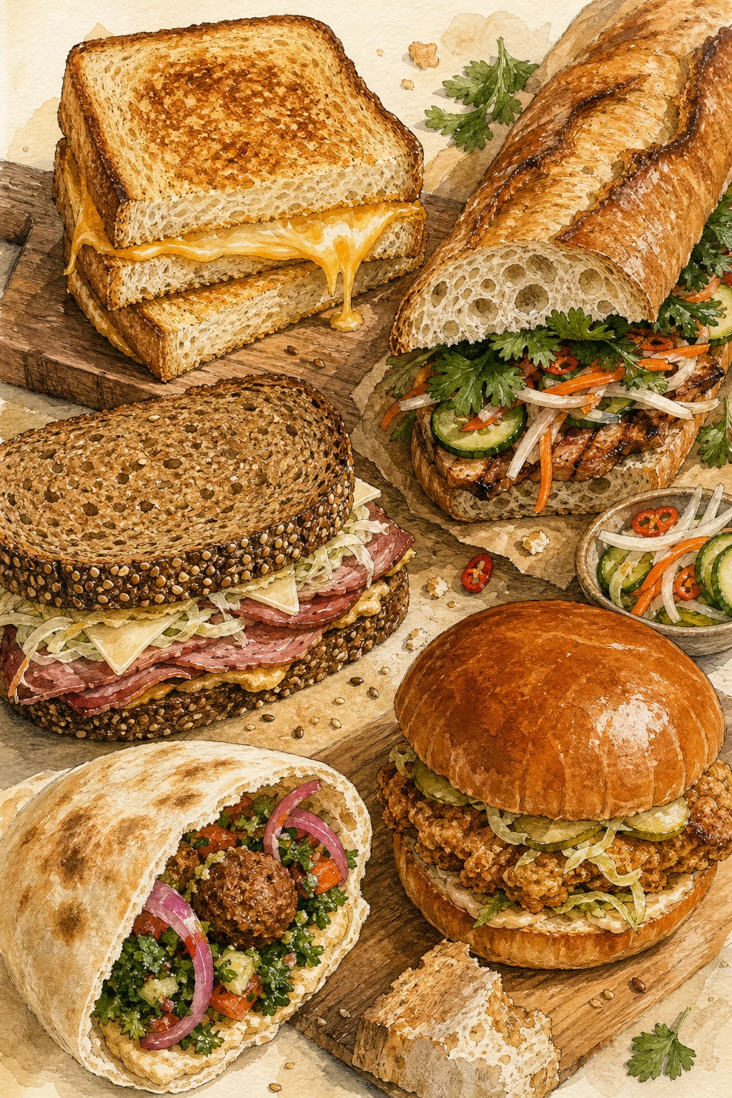 Illustrated sandwich bread guide with sliced bread, rolls, baguette, rye, bun, and pita around finished sandwiches.