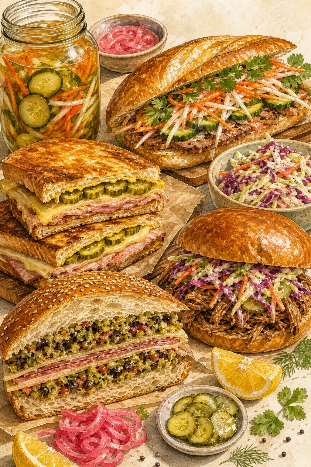 Illustrated sandwich technique guide with pickles, slaw, tomatoes, sauces, and bread moisture barriers.
