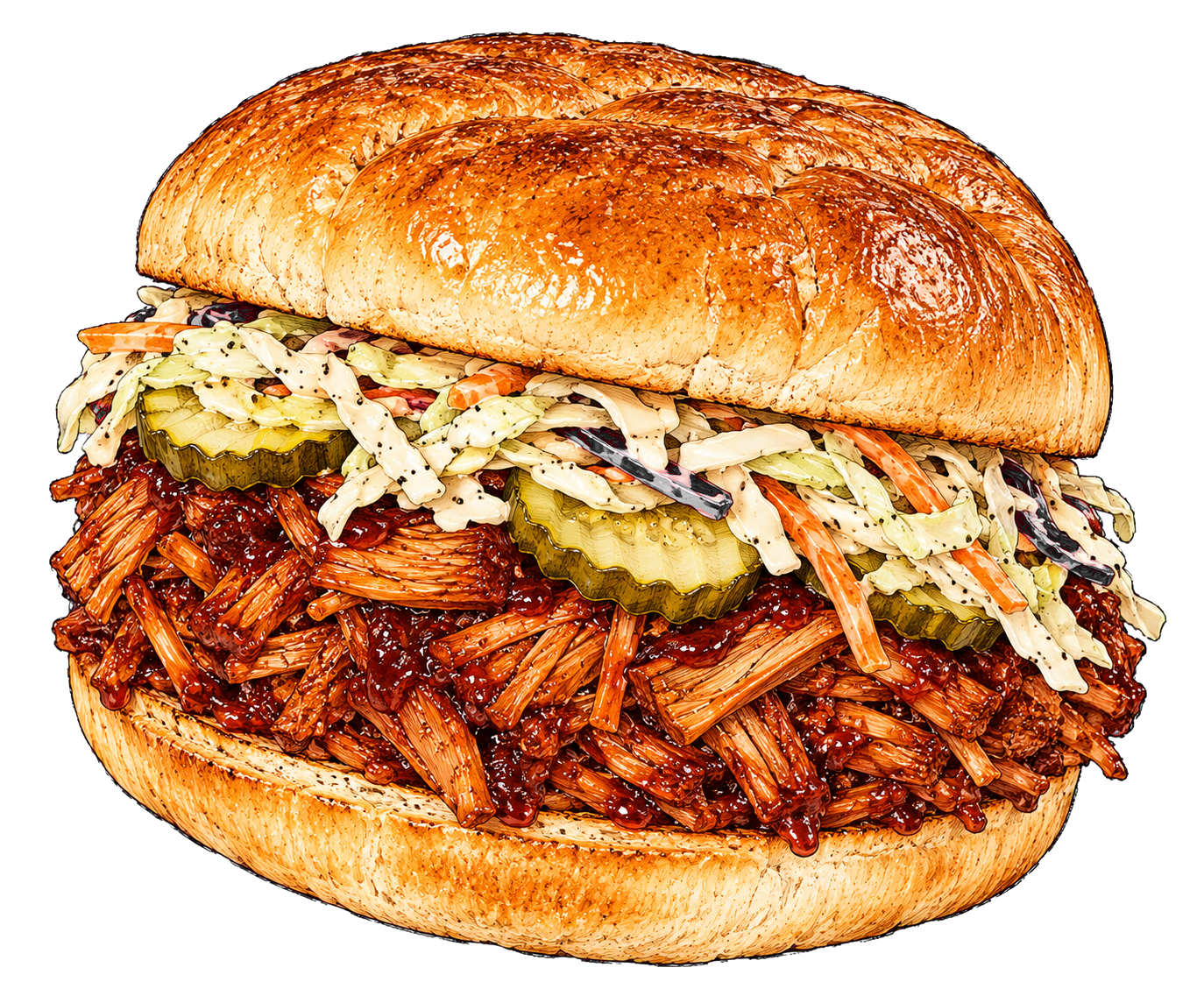 Hand-drawn illustration of a BBQ jackfruit sandwich with saucy pulled jackfruit, slaw, pickles, and a soft bun.