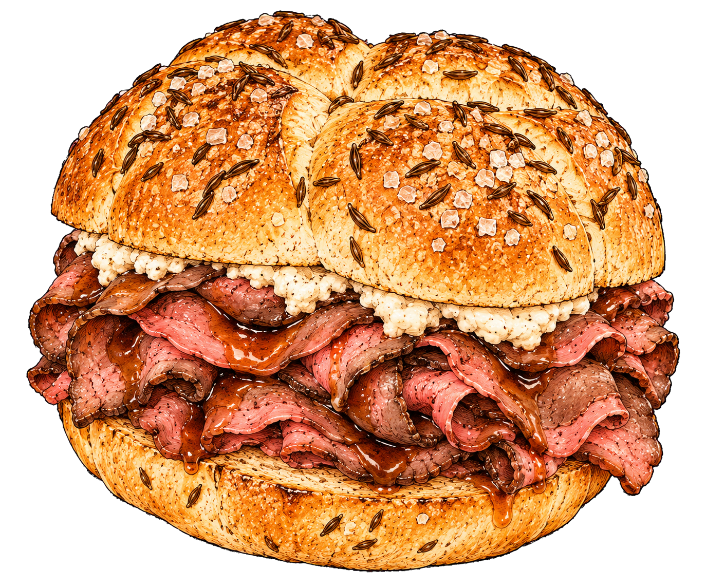 Hand-drawn illustration of beef on weck with roast beef, a salt and caraway roll, horseradish cream, and jus-glossed beef.