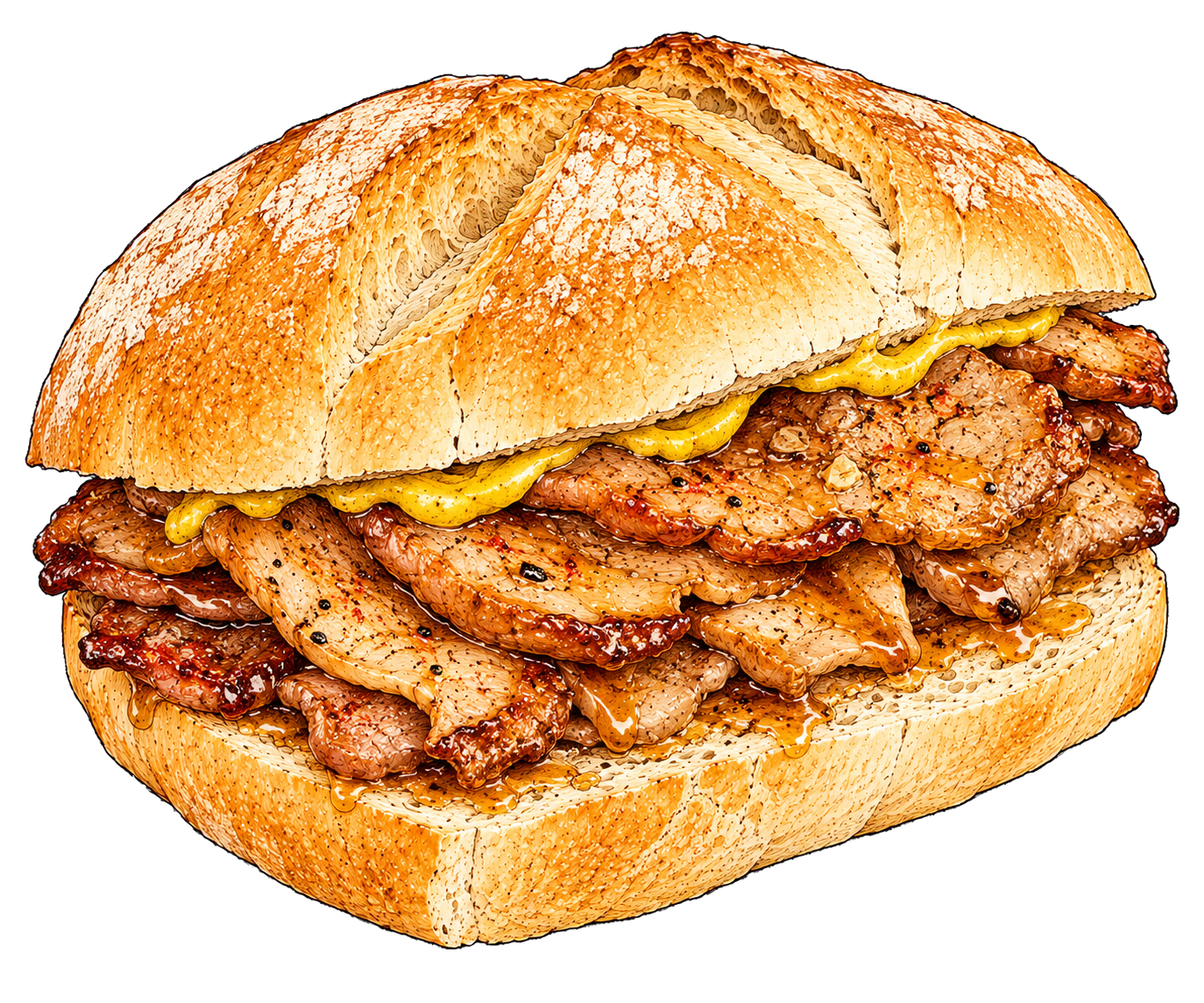 Hand-drawn illustration of a Portuguese bifana with thin pork slices, mustard, paprika pan juices, and a soft roll.
