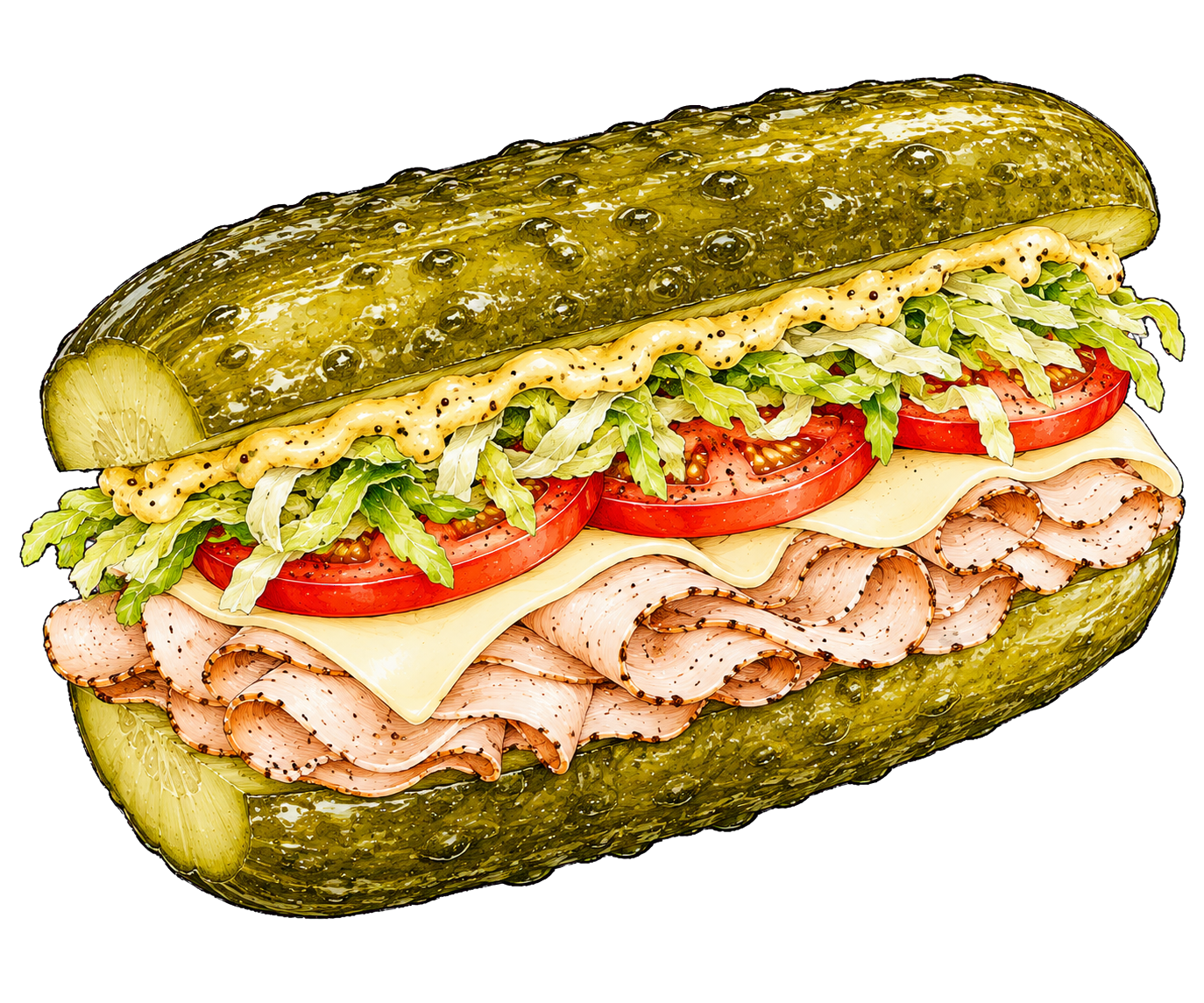 Hand-drawn illustration of a deli pickle sandwich with pickle halves, turkey, provolone, lettuce, tomato, and mustard mayo.
