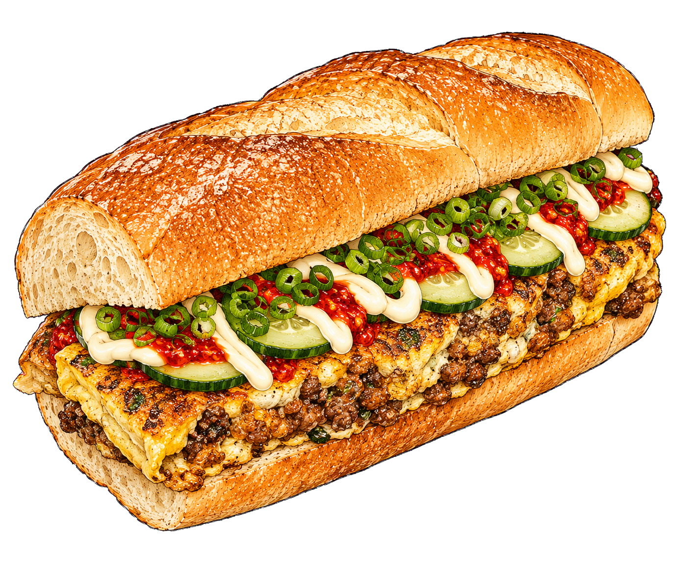 Hand-drawn illustration of roti John with egg-coated bread, seasoned beef, onion, cucumber, chile sauce, and mayonnaise.