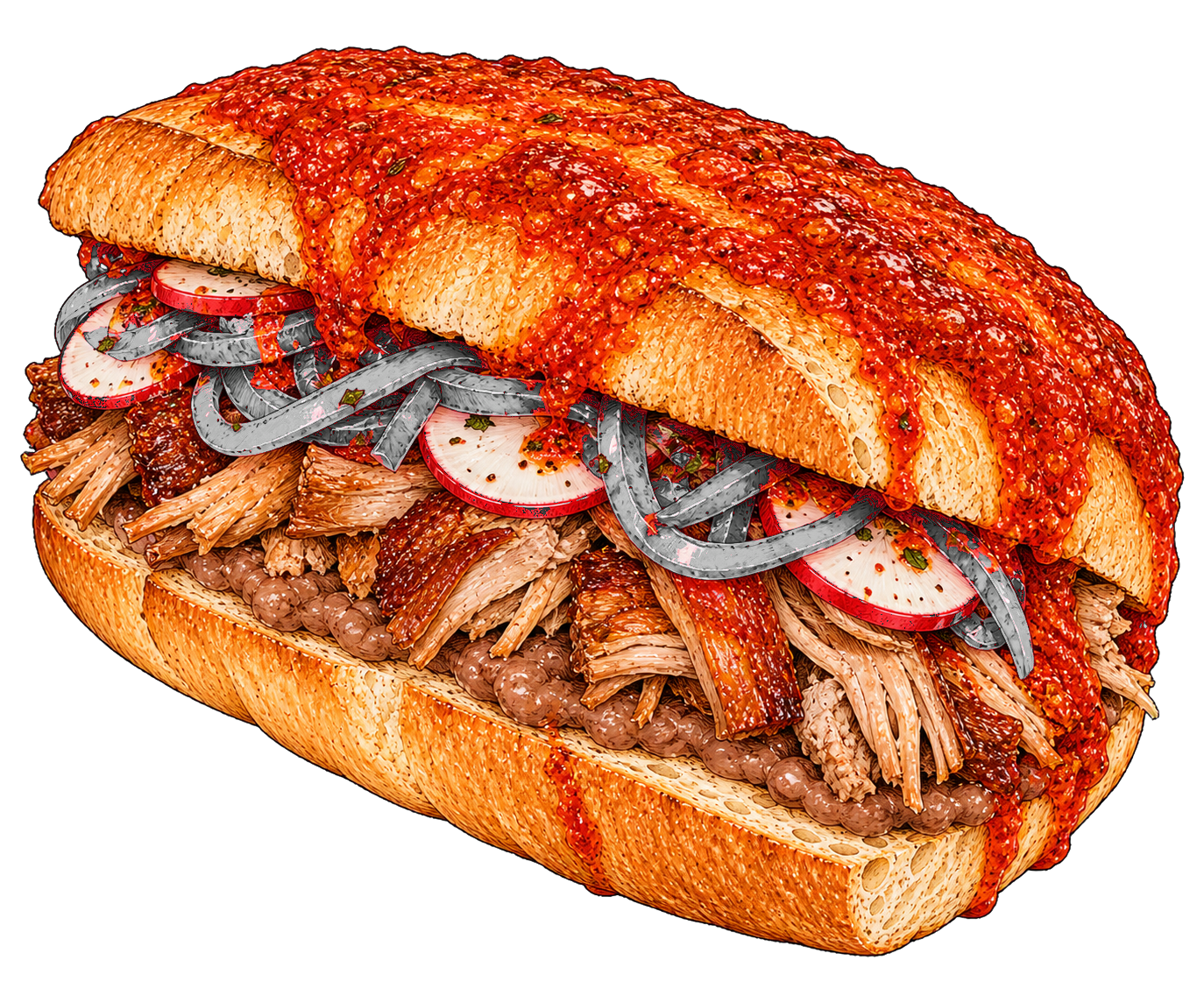Hand-drawn illustration of torta ahogada with carnitas, refried beans, crusty roll, red sauce, onion, and radish.