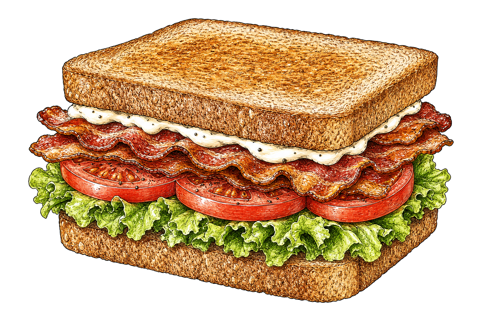 Hand-drawn illustration of an Ultimate BLT with bacon, lettuce, tomato, mayonnaise, and toasted bread.